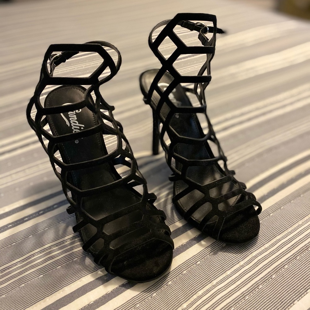 Candies Black Strappy shoes. 4 1/2” heels.